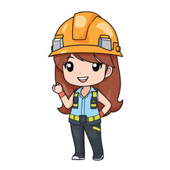 Mascot of cute girl building construction worker wearing uniform and safety helmet. Cartoon flat character vector illustration