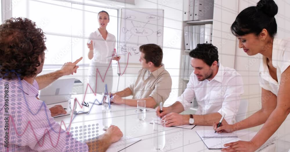 Poster animation of statistical data processing over diverse businesspeople discussing together at office