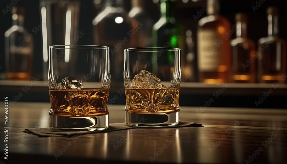 Poster close-up of two whiskey glasses on a bar counter with room for copy. generative ai