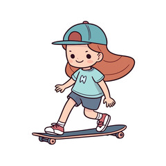 Mascot of cute girl playing skateboard. Cartoon flat character vector illustration