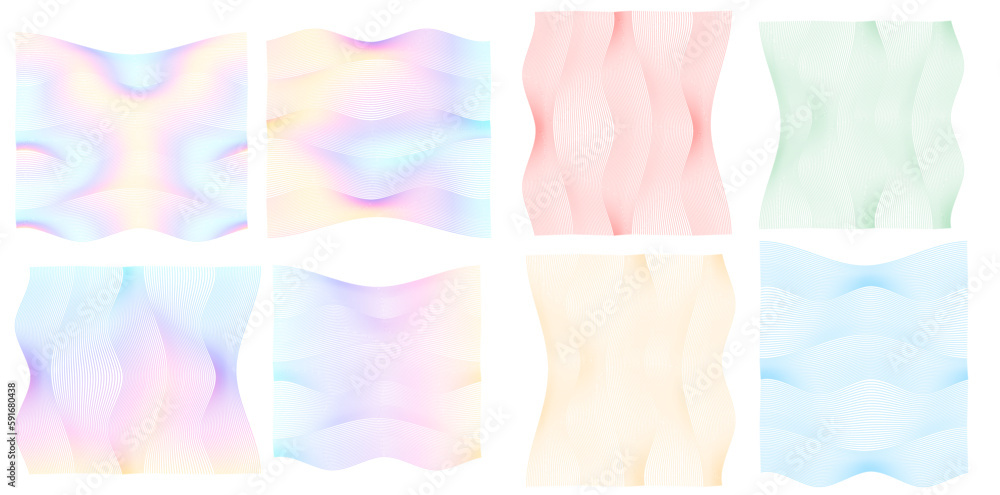 Poster set linear background. soft rainbow color. design elements. polygonal lines. guilloche. protective l
