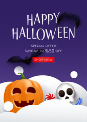 Halloween Sale poster template with cute pumpkin, skull, bats, candy and night clouds. Vector background for party, discount, banner, invitation, social media, website, greeting cards, promo, brochure