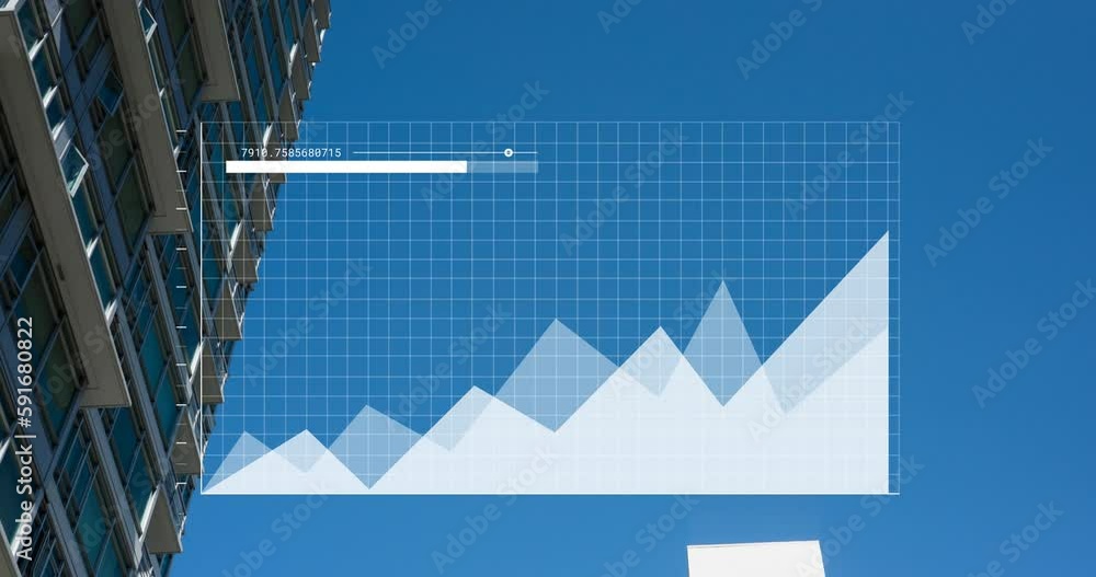 Poster animation of financial data processing over building and sky