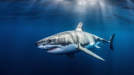 Fototapeta premium Majestic Great White Shark in Clear Waters
