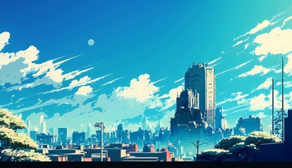 Fototapeta na wymiar cityscape anime wallpaper features a bustling metropolis that stretches as far as the eye can see, with towering skyscrapers and bustling streets set against a deep blue sky. 