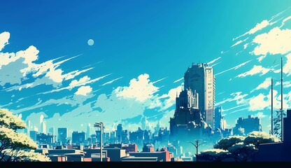cityscape anime wallpaper features a bustling metropolis that stretches as far as the eye can see, with towering skyscrapers and bustling streets set against a deep blue sky. 