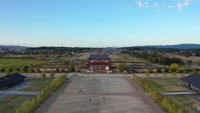 奈良、平城宮跡の夕景、空撮
