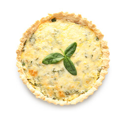 Delicious quiche with spinach leaves isolated on white background