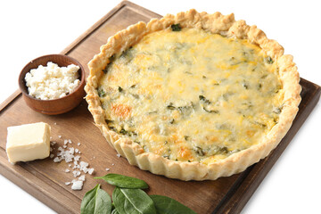 Board with delicious quiche, cottage cheese, feta and spinach leaves isolated on white background