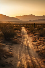 Empty road in the desert with mountains in the background at sunset, AI generative