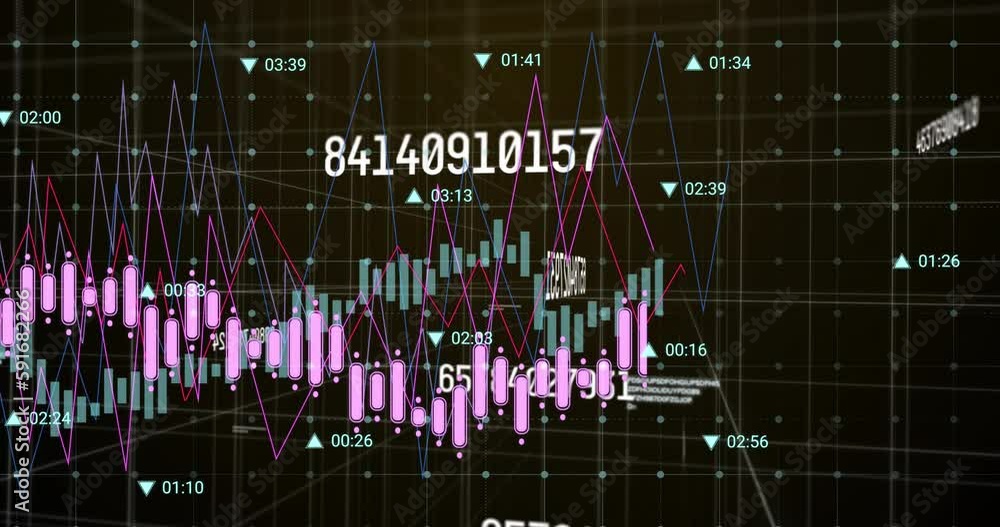 Poster animation of multiple changing numbers and data processing over grid network on black background