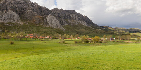 Mountain Village,Cubillas de Arbas,  in valley with green spring meadows, Leon province, Spain 