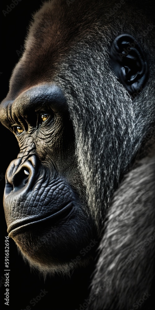 Aufkleber view of a gorilla up up and personal from the side generative ai