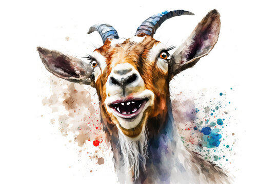 Generative AI. Goat head, watercolor illustration of a funny goat. Farm animal.
