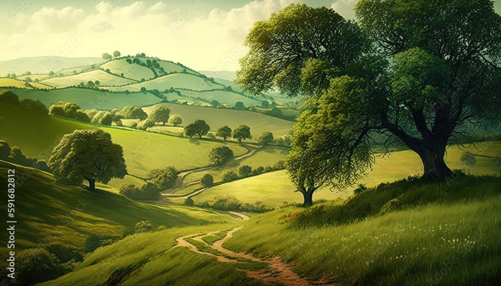 Poster hill in the countryside surrounded by trees and fields of green generative ai