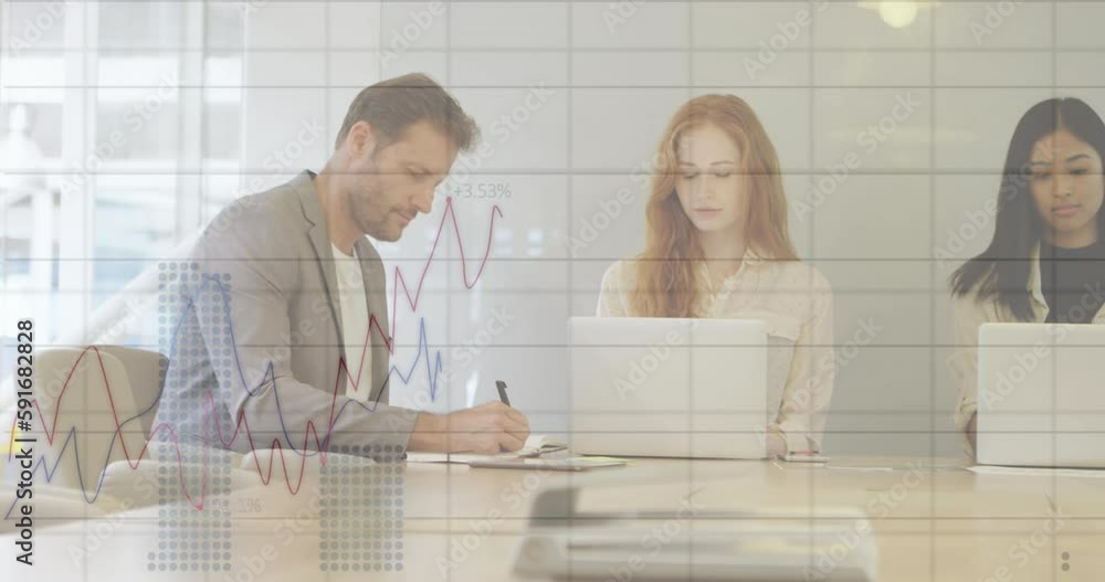 Poster animation of financial data processing over diverse business people using laptops at meeting