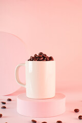 Cup of Coffee on a pedestal, copy space, Raw Beans, Front View, Vertical