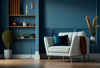 minimalistic modern elegant living room interior with single vintage sofa in front of blue wall, shelf and white carpet; copy space; 3D Illustration. Generative AI