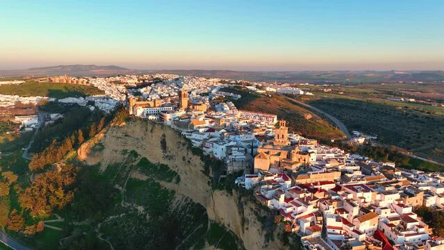 4k Aerial shot of Arcos de la Frontera, Andalucia at sunset, Spain. Famous pueblos blancos in Andalusia