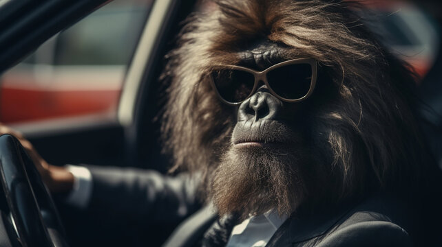 langhaariger Gorilla mit Sonnenbrille im Business Outfit im Auto beim fahren. Generative Ai.