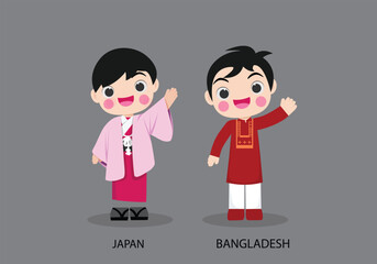 Obraz na płótnie Canvas Japan peopel in national dress. Set of Bangladesh man dressed in national clothes. Vector flat illustration.