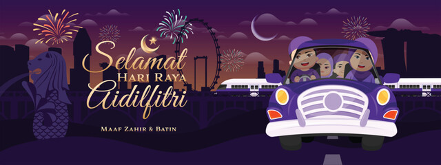 Selamat Hari Raya Aidilfitri Maaf Zahir and Batin Cute Happy Muslim Family Singapore City View (Vector)