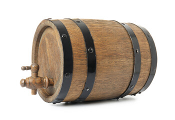 Oak barrel with metal hoops and tap isolated on white background