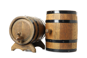 Oak barrels with metal hoops isolated on white background