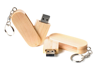 Wooden USB flash drives isolated on white background