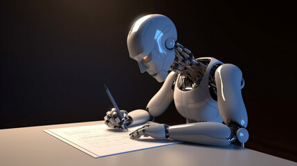 AI writing an essay, robotic, futuristic, android. Created using generative AI.
