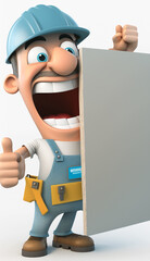 cartoon 3d illustration of a worker with a happy expression holding a board