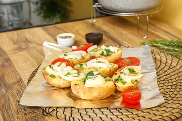 Sheet of aluminium foil with raw vegetables and spices on wooden table in kitchen