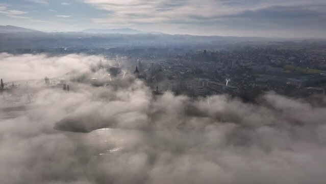 Aerial view of Arbon, a town along Lake Constance, Switzerland view at sunset
