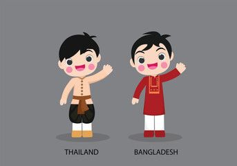 Obraz na płótnie Canvas Thailand peopel in national dress. Set of Bangladesh man dressed in national clothes. Vector flat illustration.