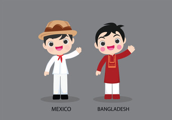 Mexico peopel in national dress. Set of Bangladesh man dressed in national clothes. Vector flat illustration.
