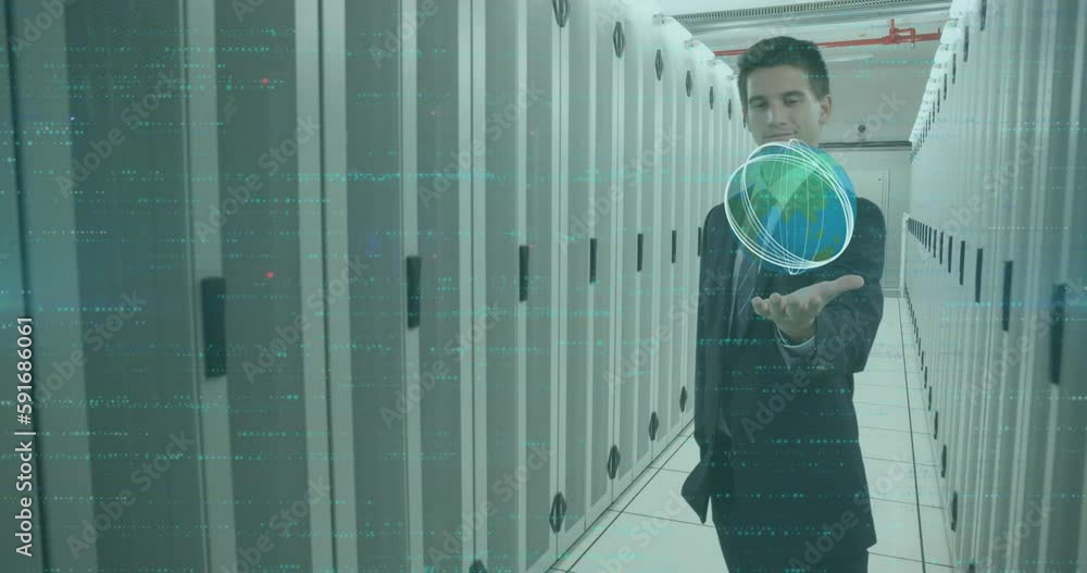 Poster animation of data processing over caucasian businessman holding globe in server room