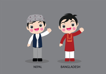 Nepal peopel in national dress. Set of Bangladesh man dressed in national clothes. Vector flat illustration.