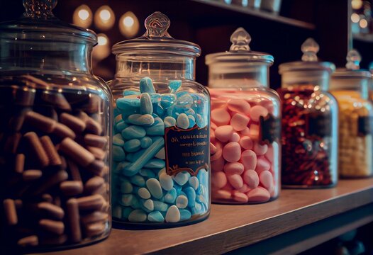 Jars of candy in a candy store. Generative AI