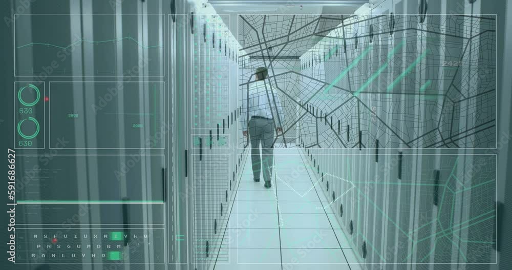 Poster animation of data processing over caucasian businessman in server room