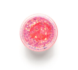 Jar of glitter on white background
