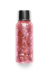 Bottle of pink glitter on white background