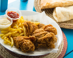 A white plate contains 4 pieces of fried chicken, fries, garlic sauce, and ketchup with Arabic bread on a blue wood table