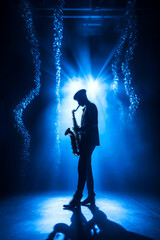 saxophonist playing on a surreal otherworldly stage, ai