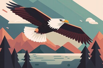 majestic bald eagle soaring above a picturesque mountain lake. Generative AI