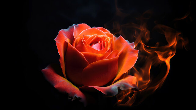  photo of a burning rose in motion, surrounded by smoke and flames, ai