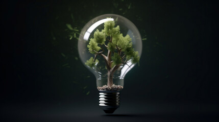 light bulb with green leaves, sustainable energy concept. Created using generative AI.