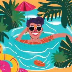 A man is swimming in a crystal clear pool surrounding, ai