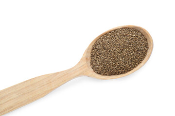 Spoon of celery seeds isolated on white, top view