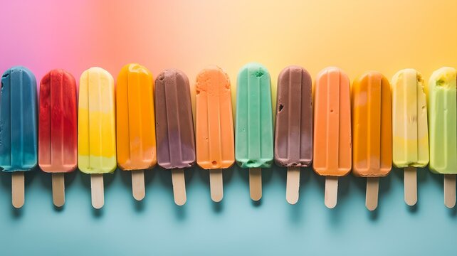 Neatly Lined Up Multicolor Popsicles on a Dreamy Pastel Canvas