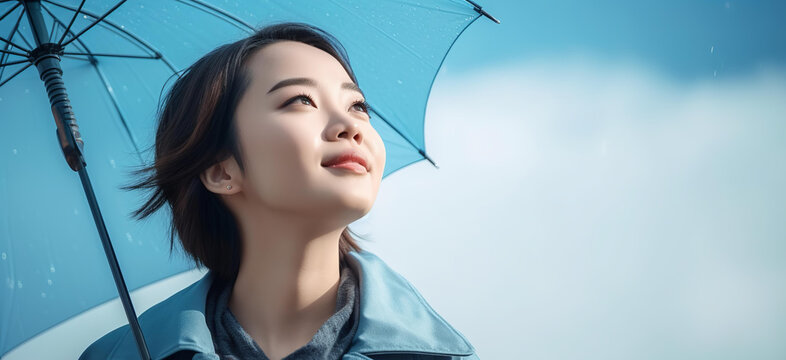 梅雨の時期に雨の日に傘をさす女性（6月・Generative AI）
